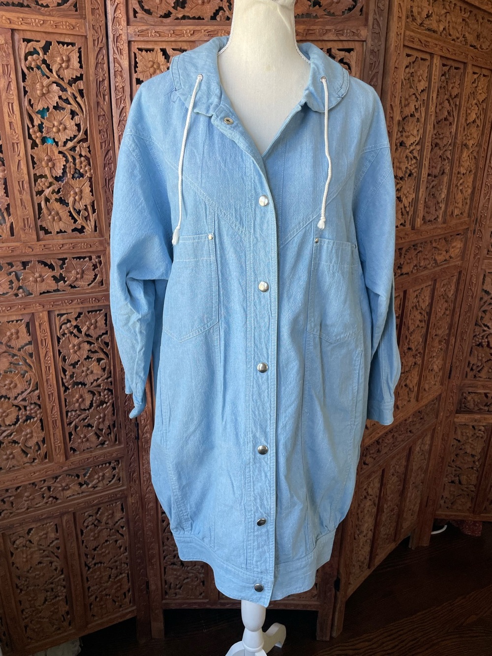 Vintage Retro 80s Lightweight Jean Hooded Button-Front longline Jacket